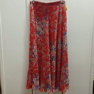 Coldwater Creek, Long Skirt, size 8, Red with floral blue and white